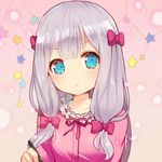  :o bangs blue_eyes blush bow breasts collarbone commentary_request eromanga_sensei eyebrows_visible_through_hair hair_bow head_tilt holding_stylus izumi_sagiri long_hair looking_at_viewer maodouzi parted_lips pink_background pink_bow pink_pajamas pink_shirt shirt sidelocks silver_hair small_breasts solo star 