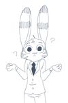  2018 ? anthro blue_and_white clothed clothing confusion disney ear_markings facial_markings fuel_(artist) fur_markings head_tuft jack_savage lagomorph looking_at_viewer male mammal markings monochrome necktie rabbit reaction_image shrug simple_background solo suit white_background zootopia 