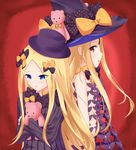 abigail_williams_(fate/grand_order) bangs black_bow black_dress black_hat black_panties blonde_hair blue_eyes blush bow bug butterfly commentary_request dress dual_persona eyebrows_visible_through_hair fate/grand_order fate_(series) forehead hair_bow hat hat_bow highres insect keyhole long_hair long_sleeves looking_at_viewer looking_back multiple_girls object_hug orange_bow panties parted_bangs parted_lips polka_dot polka_dot_bow red_background red_eyes revealing_clothes roido_(taniko-t-1218) sleeves_past_fingers sleeves_past_wrists stuffed_animal stuffed_toy teddy_bear topless underwear very_long_hair witch_hat 