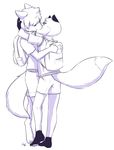  aogami backpack canine clothed clothing cub duo eyes_closed eyewear fox fully_clothed glasses hair hybrid kipfox kissing male male/male mammal monochrome necktie paws sepf simple_background white_background wolf young 