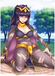  1girl blue_eyes blue_hair bodystocking breasts cleavage covered_navel fire_emblem fire_emblem:_kakusei kneeling long_hair madartraven smile solo sweatdrop tharja torn_clothes 