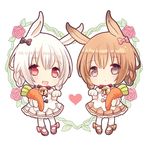  :d :o animal_ears bangs bare_shoulders bell black_bow bow braid brown_dress brown_eyes brown_hair bunny_ears chibi commentary_request dress eyebrows_visible_through_hair gloves hair_between_eyes hair_bow heart jingle_bell looking_at_viewer maodouzi multiple_girls open_mouth original pantyhose parted_lips paw_gloves paws pink_bow pleated_dress red_eyes red_ribbon ribbon silver_hair smile standing strapless strapless_dress stuffed_carrot stuffed_toy upper_teeth white_background white_dress white_legwear 