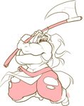 anthro axe big_breasts breasts canine clothing fangs female footwear fur hair huge_breasts huge_thighs jintonic mammal melee_weapon muscular muscular_female open_mouth shoes slightly_chubby solo teeth torn_clothing weapon 