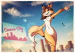  ambient_bird anthro avian barefoot bird breasts brown_hair canine casual_nudity city cityscape cute female fox fox-pop fur hair hologram looking_at_viewer mammal navel nipples nude orange_fur outside postcard public purple_eyes smile solo text white_fur zoliea 