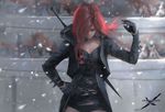  black_gloves black_jacket earrings ghostblade gloves hand_up jacket jewelry long_hair looking_down red_hair solo wlop 