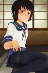  bad_proportions black_hair black_legwear blue_sailor_collar blue_skirt brown_eyes crotch_seam crying crying_with_eyes_open feet_out_of_frame kantai_collection miyuki_(kantai_collection) panties panties_under_pantyhose pantyhose parted_lips pleated_skirt sailor_collar school_uniform serafuku short_hair sitting skirt solo tears thighband_pantyhose tooku_nomura_(artist) underwear white_panties yokozuwari 