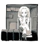  crossed_legs girls_und_panzer greyscale highres kadotani_anzu kotoyama looking_at_viewer miniskirt monochrome ooarai_school_uniform school_uniform serafuku sitting skirt smile socks solo tank_interior twintails 