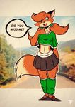  anthro canine cheek_tuft clothed clothing dialogue dipstick_tail english_text female footwear fox fox-pop green_eyes looking_at_viewer mammal multicolored_tail navel open_mouth patty_foxy red_fox road shoes skirt sky smile solo standing text tuft 