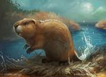  2017 alradeck ambiguous_gender beaver brown_fur brown_nose claws day detailed_background digital_media_(artwork) feral fur mammal outside rodent solo standing water whiskers 