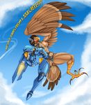  anthro armor avian beak bird breasts brown_hair catchabird clothing female hair hawk machine muscular muscular_female overwatch pharah_(overwatch) power_armor pussy talons torn_clothing transformation video_games wardrobe_malfunction wings 