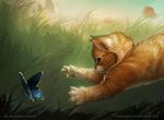  2017 alradeck arthropod butterfly cat claws day detailed_background digital_media_(artwork) duo feline feral fur grass insect mammal orange_fur outside pawpads paws whiskers 