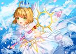  :d antenna_hair blonde_hair blush briska cardcaptor_sakura crown eyebrows_visible_through_hair feathered_wings gloves green_eyes highres holding holding_staff kinomoto_sakura open_mouth short_hair signature smile solo staff white_gloves white_wings wings yume_no_tsue 