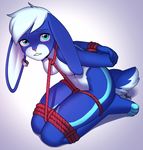  anthro arh blue_eyes blue_fur bound breasts ear_piercing female floppy_ears fur hair kneeling lagomorph loike mammal nude piercing rabbit rope rope_bondage solo white_hair 