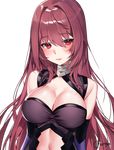  artist_name bare_shoulders black_gloves blush breasts chungu cleavage cleavage_cutout collar cosplay elbow_gloves fate/grand_order fate_(series) gloves large_breasts lips long_hair looking_at_viewer mash_kyrielight mash_kyrielight_(cosplay) navel_cutout purple_hair red_eyes scathach_(fate)_(all) scathach_(fate/grand_order) shiny shiny_skin solo transparent_background upper_body very_long_hair 