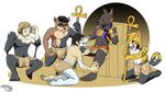  16:9 2016 5_fingers 5_toes aji anthro anubis black_nose blonde_hair brown_fur canine cheetah clothed clothing deity digital_drawing_(artwork) digital_media_(artwork) egyptian feet feline fur goo_transformation group hair hi_res human hypnosis jackal jewelry kneeling liquid_latex loincloth male male/male mammal mind_control open_mouth procyonid raccoon red_sclera rubber shiny simple_background sitting slave spiral spiral_eyes tan_fur toes tongue tongue_out topless transformation white_background white_fur yellow_fur 