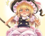  1girl apron bamboo_broom blonde_hair blush braid broom commentary_request d: hat houshiruri kirisame_marisa long_hair open_mouth puffy_short_sleeves puffy_sleeves short_sleeves side_braid single_braid solo surprised touhou turtleneck vest waist_apron witch_hat yellow_eyes 