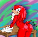  2018 abstract_background ancientonyx athletic bent_over blush bubble_butt butt clothing echidna fur gloves knuckles_the_echidna looking_back male mammal monotreme presenting presenting_hindquarters purple_eyes quills rear_view red_fur solo sonic_(series) table 
