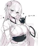  azur_lane bangs black_gloves blunt_bangs blush breasts collarbone commentary_request eyebrows_visible_through_hair fafas68 flower gloves hair_flower hair_ornament half_gloves handjob_gesture japanese_clothes kimono large_breasts long_hair long_sleeves looking_at_viewer mole mole_under_eye monochrome obi open_mouth sash shoukaku_(azur_lane) simple_background sketch solo upper_body white_background wide_sleeves 