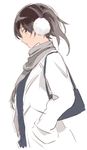  bag brown_eyes brown_hair coat earmuffs grey_scarf hair_between_eyes kaga_(kantai_collection) kantai_collection long_sleeves scarf short_hair side_ponytail simple_background solo takamachiya white_background white_coat 