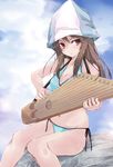  aqua_bikini bikini blue_sky breasts brown_eyes brown_hair cleavage cloud day feet_out_of_frame girls_und_panzer hat instrument kantele long_hair looking_at_viewer medium_breasts mika_(girls_und_panzer) outdoors rock side-tie_bikini sitting sky solo striped striped_bikini swimsuit yumesato_makura 