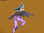  1girl 3d ass back bare_shoulders bat_wings demon_girl fangs female green_hair heels high_heels hips huge_ass legs leotard licking_hand long_hair looking_at_viewer looking_back morrigan_aensland naughty_face simple_background solo succubus the_majestic thick_thighs thighs tongue tongue_out vampire_(game) wide_hips wings yellow_background 