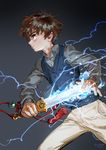  2018 artist_name brown_hair cardcaptor_sakura closed_mouth collared_shirt electricity fighting_stance glowing glowing_sword glowing_weapon gradient gradient_background grey_background grey_shirt highres holding holding_sword holding_weapon jane_mere legs_apart li_xiaolang long_sleeves male_focus pants profile serious shirt solo standing sweater_vest sword tassel weapon white_pants wing_collar 