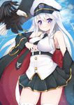  absurdres animal animal_on_arm azur_lane bald_eagle bangs bare_shoulders belt between_breasts bird bird_on_arm black_belt black_coat black_neckwear black_skirt blue_sky blush breasts buttons closed_mouth cloud coat collared_shirt cowboy_shot day eagle enterprise_(azur_lane) eyebrows eyebrows_visible_through_hair fingernails hair_between_eyes hat highres impossible_clothes impossible_shirt legs_apart long_hair looking_at_viewer medium_breasts miniskirt necktie off_shoulder open_clothes open_coat outdoors peaked_cap pleated_skirt purple_eyes rokita shirt sidelocks skirt sky smile solo standing star straight_hair thighhighs very_long_hair white_hair white_hat white_legwear white_shirt zettai_ryouiki 