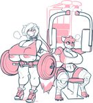  anthro athletic bandage big_breasts breasts camel_toe canine clothed clothing duo exercise female footwear gym huge_breasts hyper hyper_breasts jintonic lagomorph mammal nipple_bulge rabbit shoes slightly_chubby standing sweat thick_thighs weightlifting workout 