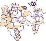  anthro bandage big_breasts breasts camel_toe canine cleavage clothed clothing female fight group jintonic male mammal muscular muscular_female open_mouth restricted_palette thick_thighs 