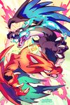  2016 3_fingers abstract_background ambiguous_gender black_scales blue_fire claws duo fire mega_charizard mega_charizard_x mega_charizard_y mega_evolution nintendo open_mouth orange_scales orangetavi pok&eacute;mon pok&eacute;mon_(species) roaring scales super-tuler video_games 