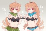  :3 ? afterimage animal_ears bandana bangs bare_shoulders belt belt_buckle bikini_top black_bikini_top blue_bandana blue_shorts blush breasts brown_belt brown_hair buckle cartoon_bone cleavage closed_mouth commentary_request dog_ears dog_girl dog_tail eyebrows_visible_through_hair green_skirt hair_between_eyes hair_ornament hands_up high_ponytail long_hair maodouzi medium_breasts mouth_hold multiple_girls navel original pleated_skirt ponytail purple_eyes short_shorts shorts skirt star tail tail_wagging very_long_hair wristband x_hair_ornament 