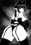  :o animal_ears ass back bare_shoulders blush bra breasts cat_ears commentary curvy elbow_gloves extra_ears garter_belt gloves greyscale haseru_(ginku_mh) huge_breasts kaenbyou_rin monochrome no_nose no_tail pointy_ears solo thick_thighs thighhighs thighs touhou underwear underwear_only 