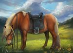  2017 alradeck blonde_hair brown_fur day detailed_background digital_media_(artwork) equine feral fur grass hair hooves horse mammal outside saddle sky solo standing 