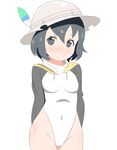  absurdres alternate_costume blush commentary_request cosplay embarrassed emperor_penguin_(kemono_friends) emperor_penguin_(kemono_friends)_(cosplay) eyebrows_visible_through_hair feathers hat helmet highleg highleg_leotard highres kaban_(kemono_friends) kemono_friends leotard long_sleeves pith_helmet short_hair solo sweatdrop tamanokosi 