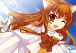  1girl absurdres animal_ears bangs blush bowtie cape dog_days dog_ears grin long_hair looking_at_viewer one_eye_closed open_mouth orange_eyes orange_hair ricotta_elmar sheita smile sweater_vest wink 