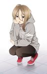  black_legwear blue_eyes brown_hair chin_rest college_shirt elbow_rest hair_between_eyes hood hoodie long_hair looking_at_viewer mattaku_mousuke original pantyhose short_shorts shorts solo squatting tile_floor tiles 