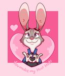  &lt;3 2018 4_fingers angoraram anthro cheek_tuft clothed clothing digital_drawing_(artwork) digital_media_(artwork) disney english_text eyelashes female fur grey_fur hand_heart holiday_message holidays judy_hopps lagomorph mammal pink_background police_uniform purple_eyes rabbit raised_inner_eyebrows signature simple_background smile text tuft uniform valentine&#039;s_day zootopia 