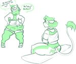  anthro blush butt caprine clothed clothing dialogue duo english_text feline female goat green_theme horn jintonic lion mammal sitting standing sweat sweatdrop text thick_thighs 