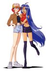  90s ahoge arm_hug baseball_cap black_legwear blue_eyes blue_hair boots cacao_(lamune) clothes_writing dark_skin denim denim_shorts full_body hand_in_pocket hand_on_hip hat highres jacket leg_up long_hair looking_at_viewer midriff multiple_girls navel non-web_source official_art open_clothes open_jacket open_mouth parfait_(lamune) pencil_skirt red_eyes red_hair shoes short_hair shorts simple_background skirt sleeves_past_elbows smile sneakers standing thigh_boots thighhighs very_long_hair vs_knight_lamune_&amp;_40_fresh white_background white_footwear 