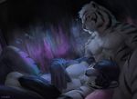  2018 anthro aolun_(character) bed big_penis black_stripes chunie clothed clothing digital_media_(artwork) duo erection eyes_closed feline fur hair head_on_lap hi_res huge_penis humanoid_penis inside lying male male/male mammal night nude on_bed on_lap penis saber-toothed_cat sitting sleeping smile stripes tiger vein veiny_penis white_tiger 