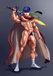  1boy abs bara blue_hair fire_emblem full_body ike male_focus muscle nude pecs penis presenting solo sword weapon 