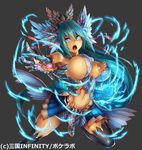  aqua_hair armpits bangs bare_shoulders black_gloves black_legwear blue_eyes blue_skirt bouncing_breasts breasts charging clenched_hand company_name copyright_name dark_skin elbow_gloves eyebrows_visible_through_hair eyeliner eyes_visible_through_hair floating_hair gauntlets gem gloves grey_background hair_between_eyes hair_ornament hair_ribbon hand_up headdress high_ponytail large_breasts leg_up light_trail lipstick long_hair looking_at_viewer makeup midriff navel official_art open_mouth orange_lipstick outstretched_hand pink_ribbon pleated_skirt ponytail revealing_clothes ribbon ros sangoku_infinity sash serious shiny shiny_hair shiny_skin showgirl_skirt sidelocks simple_background skirt solo standing standing_on_one_leg thighhighs tsurime v-shaped_eyebrows very_long_hair 