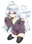  abe_suke ahoge ass_visible_through_thighs bangs black_legwear borrowed_character character_name closed_mouth commentary_request eyebrows_visible_through_hair full_body hand_up heart long_hair long_sleeves looking_at_viewer original purple_eyes signature sitting solo thighhighs white_hair yokozuwari 