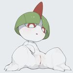  anus blush clitoris female full_body green_hair hair looking_down nintendo nude open_mouth pok&eacute;mon pok&eacute;mon_(species) pussy ralts red_eyes simple_background sitting solo spread_legs spreading uncensored video_games white_background youjomodoki 