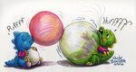  2002 3_fingers 3_toes belly big_belly bob_(bubble_bobble) bub bubble bubble_bobble bubble_dragon dinosaur duo hyper hyper_belly inflation nick_bondra simple_background size_difference text toes white_background 