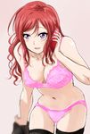  :d blush bow bow_bra bra cellphone holding holding_cellphone holding_phone lace lace-trimmed_bra leaning_forward long_hair love_live! love_live!_school_idol_project navel nishikino_maki older open_mouth panties phone pink_bra pink_panties purple_eyes shogo_(4274732) smile solo talking_on_phone thighhighs thighs underwear undressing wide_hips 