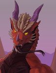  anthro broad_shoulders dragon forked_tongue glowing glowing_eyes grin headshot horn invalid_tag inviting looking_at_viewer male purple_horn red_scales rionquosue scales simple_background slash0x smile solo spines teeth tongue wings 