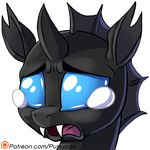  2017 alpha_channel ambiguous_gender changeling digital_media_(artwork) drone_(mlp) fangs headshot_portrait horn my_little_pony open_mouth patreon portrait pusspuss reaction_image simple_background solo transparent_background 