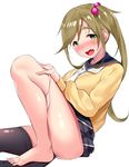  bare_legs barefoot blush fang green_eyes hair_bobbles hair_ornament inuyama_aoi kurogoma_(haruhi3) long_hair looking_at_viewer open_mouth panties panty_pull pantyhose school_uniform side_ponytail simple_background sitting skirt solo sweater thick_eyebrows underwear white_background yurucamp 