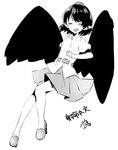  :d abe_suke bangs blush character_name closed_eyes facing_viewer full_body greyscale hat monochrome open_mouth pleated_skirt pointy_ears puffy_short_sleeves puffy_sleeves shameimaru_aya short_hair short_sleeves signature simple_background skirt smile solo tokin_hat touhou white_background wings 